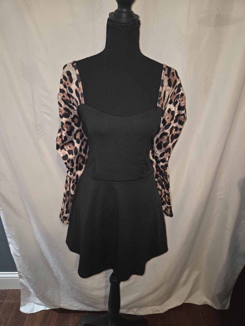 Leopard Print and Black Colorblock Blouse - Women’s Long Sleeve Top 0016